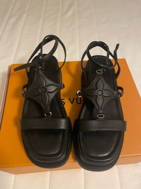 Authentic Louis Vuitton Black Leather Monogram Star Wedge Sandals, 41, US11